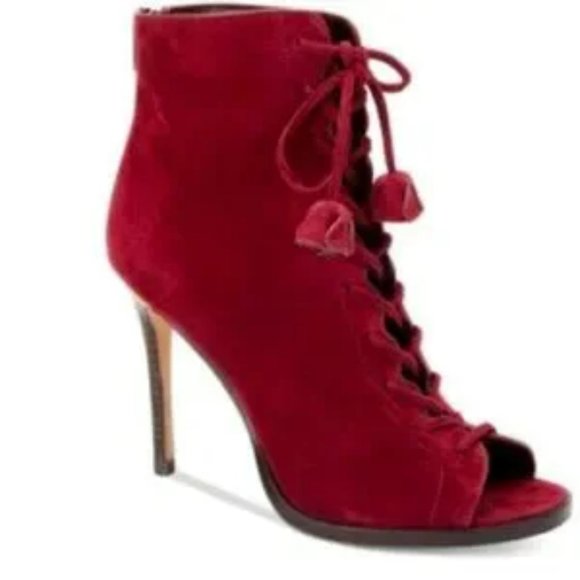 Coach Lena Lace Up Gladiator‎ Peep Toe Zip Back Bootie Burgundy Suede Sz 7 - EUC - Picture 1 of 16